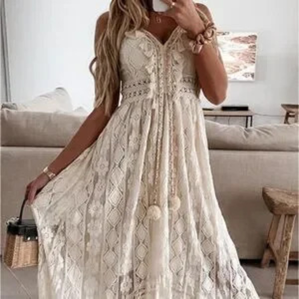 Women's Deep V-Neck Lace Sleeveless Long Dress - Picture 1 of 5